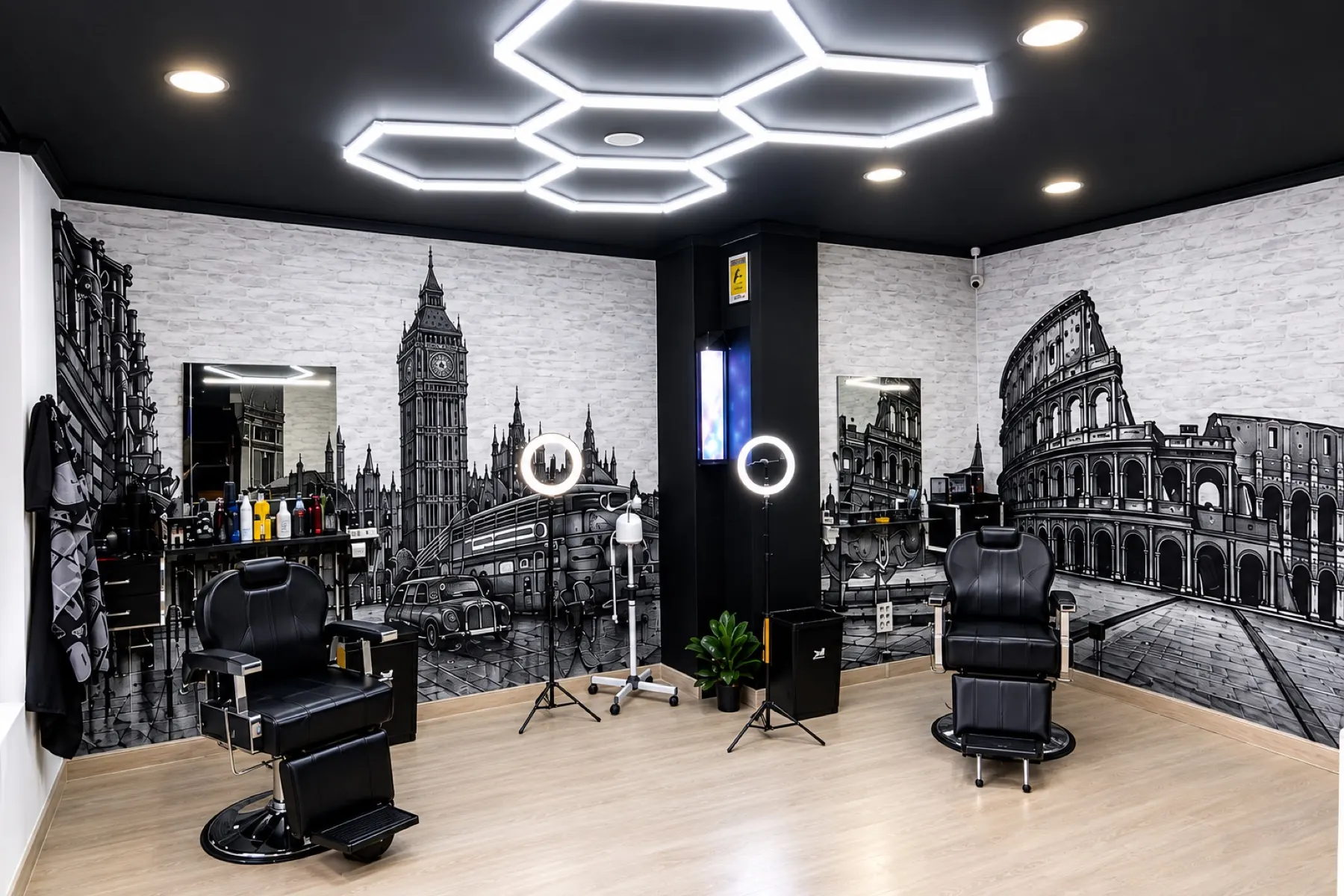 Interior de Ander & King: luces LED hexagonales, murales de Londres y Roma y sillones de barbero
